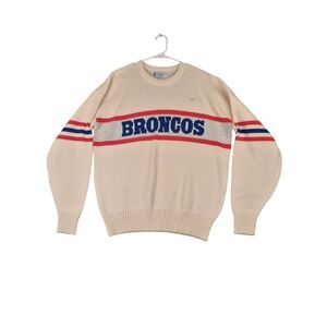 Vintage Cliff Engle NFL Denver Broncos Knit Sweater Mens XL Cream Wool Blend USA